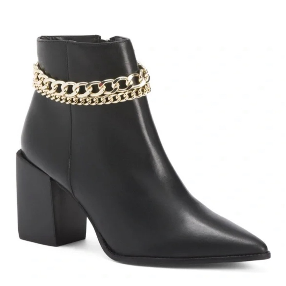 NWOT Steve Madden Perlina Black Gold Chain Detail Heeled Pointed Toe Boo… - Picture 2 of 8